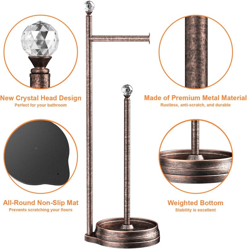 Kasunto Toilet Paper Holder for Bathroom, Heavy Weighted Metal Free Standing Toilet Paper Holder Stand with Crystal Ball, Toilet Paper Roll Stand for Bathroom Accessories (Oil Rubbed Bronze) - Image 2